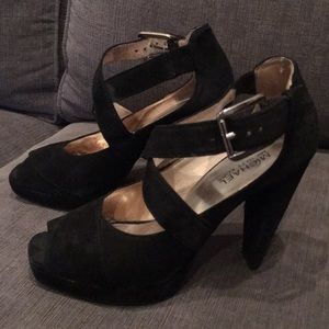 Peep toe suede heels